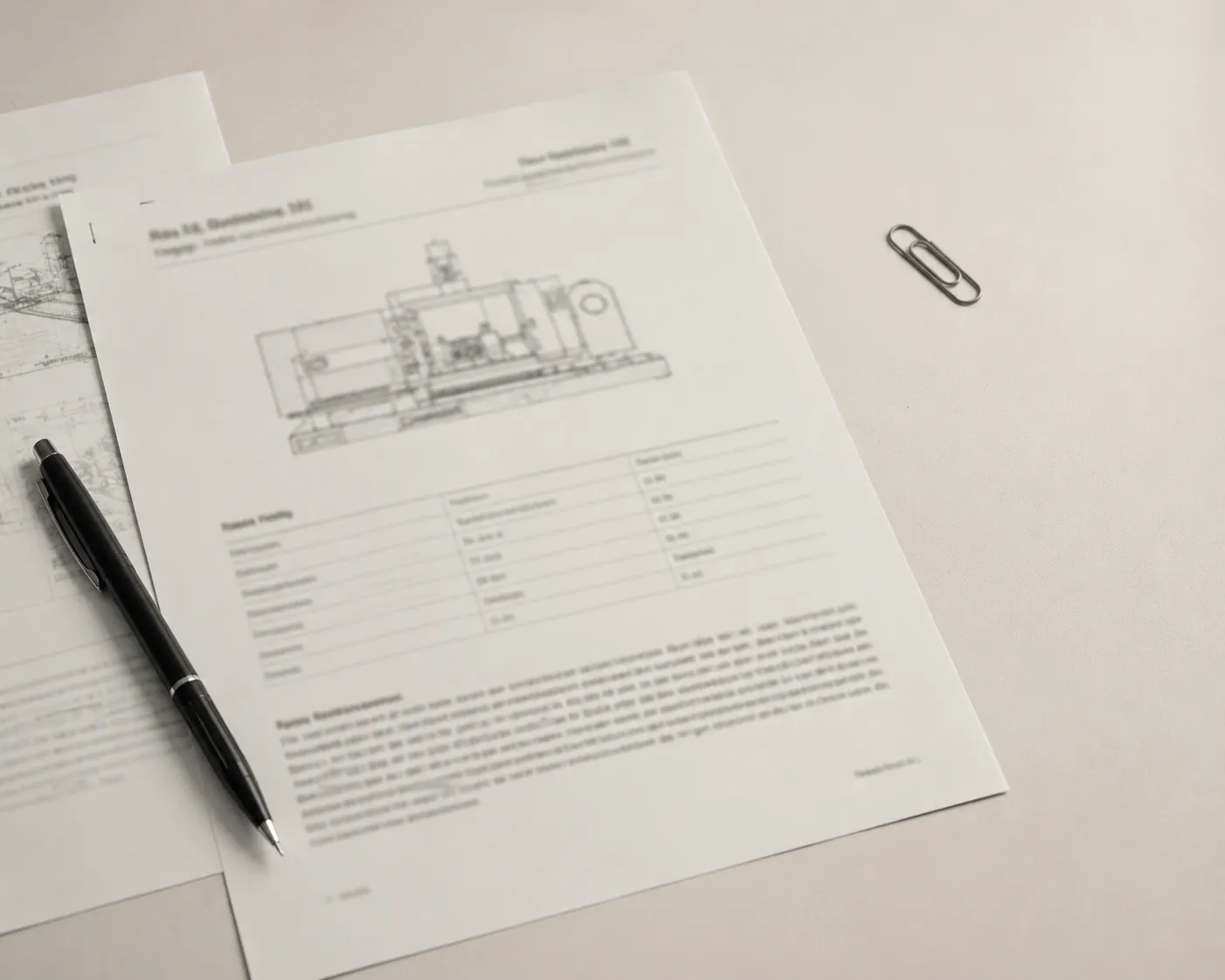 Printed machinery technical data sheet on a desk with a pen and paperclip