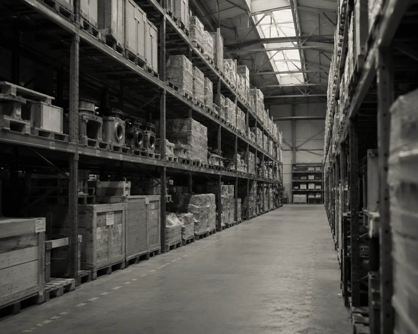 Warehouse aisle with industrial machinery components stored on tall metal racks
