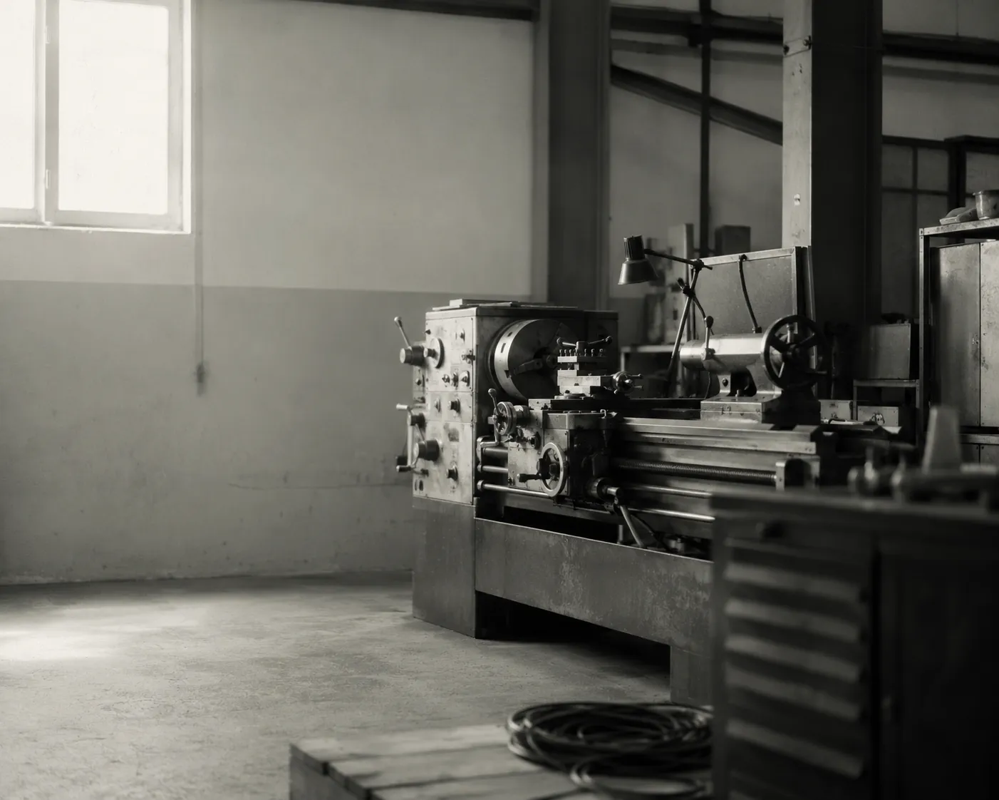 Industrial workshop interior with a metal lathe in soft daylight